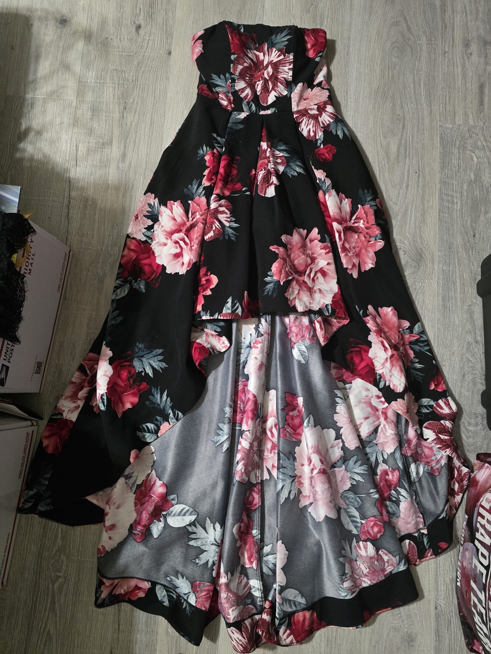 Floral High-Low Strapless Dress in Black and Pink